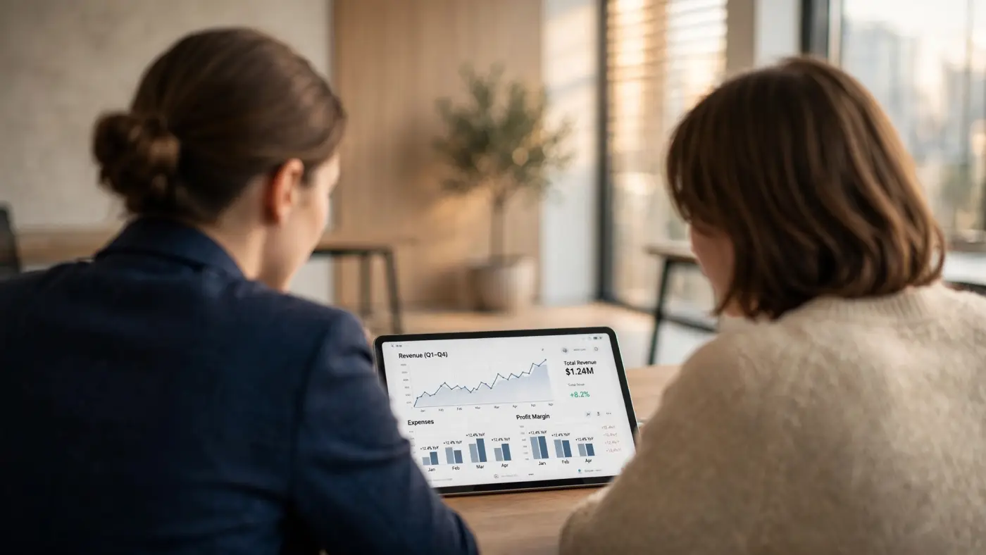 Reunión de consultoría financiera con gráficos en una tablet