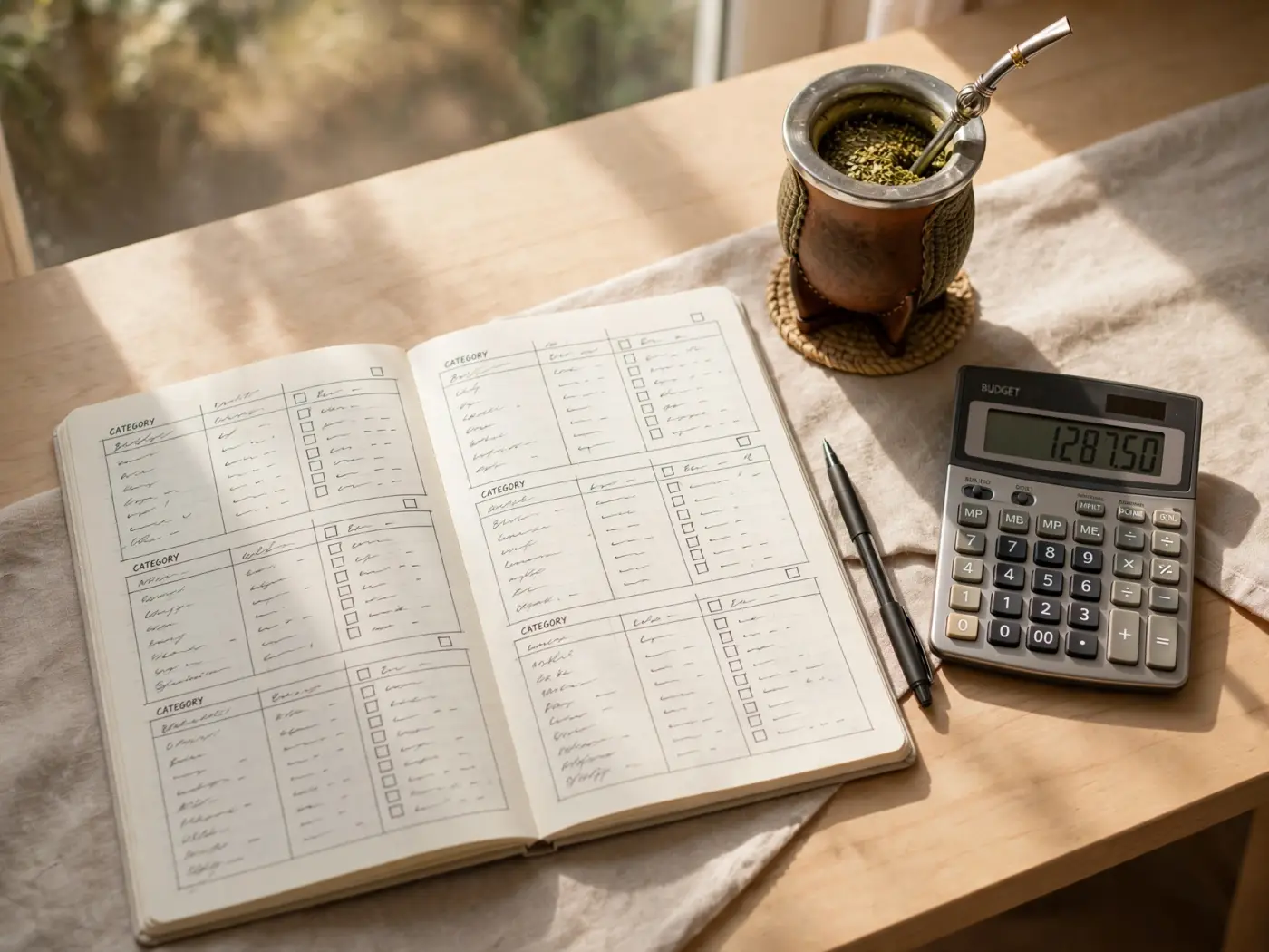Planificación de presupuesto personal con cuaderno, calculadora y mate