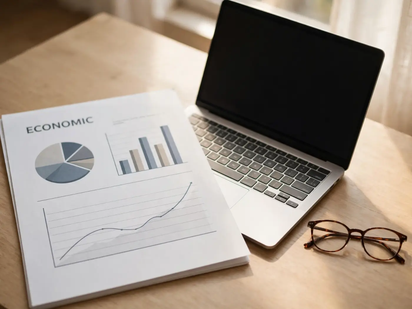 Informe económico impreso junto a un portátil y gafas de lectura
