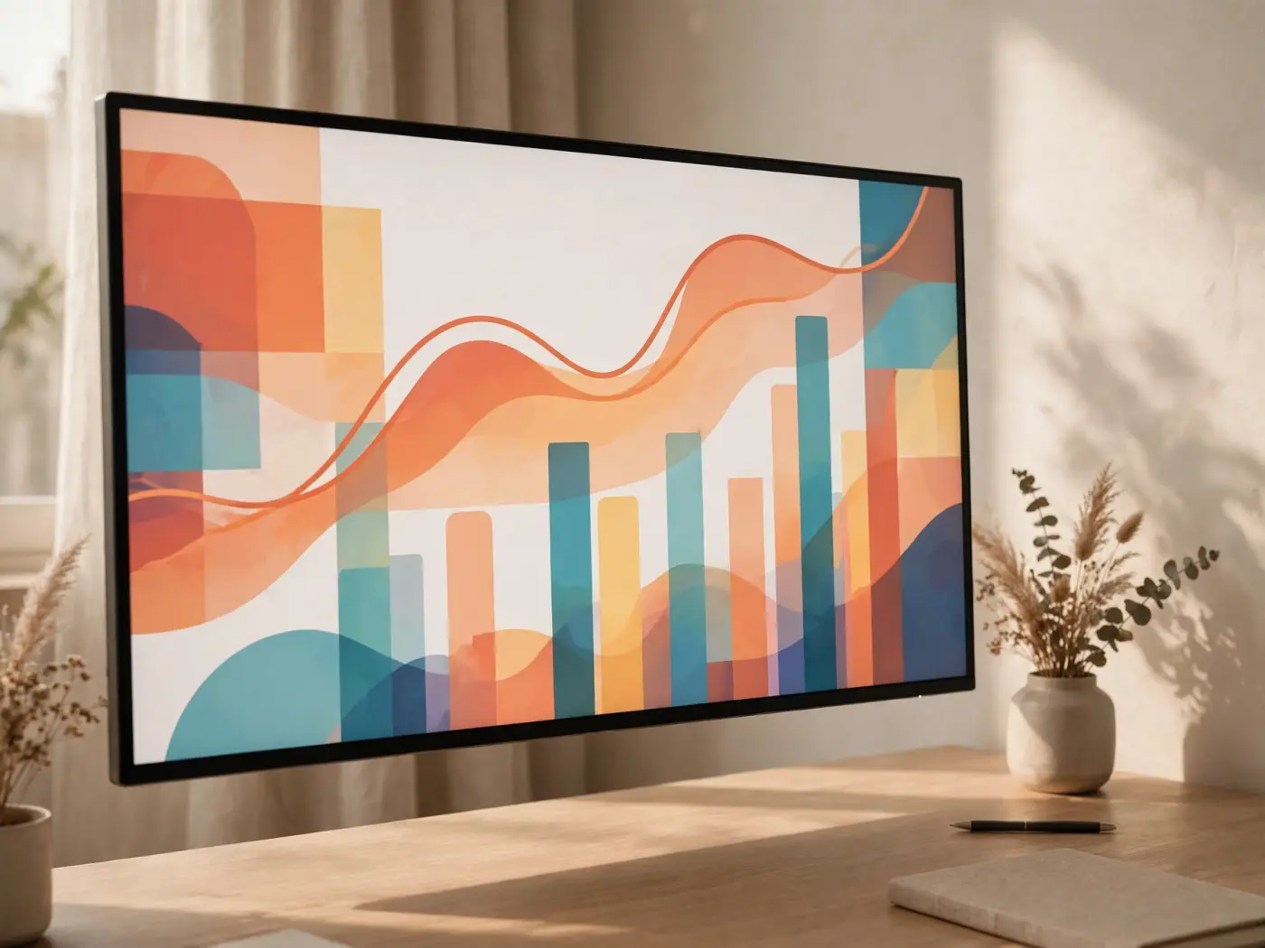 Gráficos financieros de líneas y barras en un monitor grande