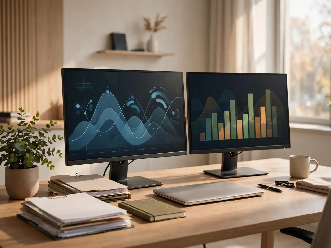 Espacio de trabajo de consultoría financiera con monitores y documentos