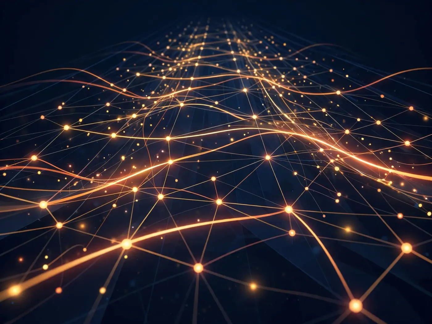 Visualización abstracta de flujos financieros con líneas y nodos luminosos